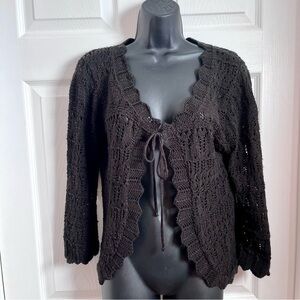 Vintage Spunky Made In USA Cardigan Knit Open Tie front Black Medium Women